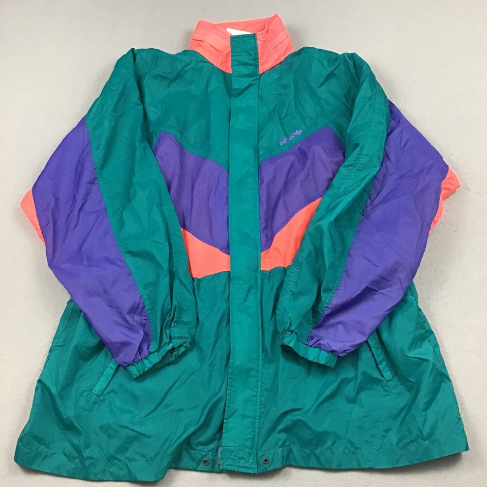 Vintage Adidas Jacket Men XL Teal Purple Colorblock Windbreaker Trefoil Hood 90s